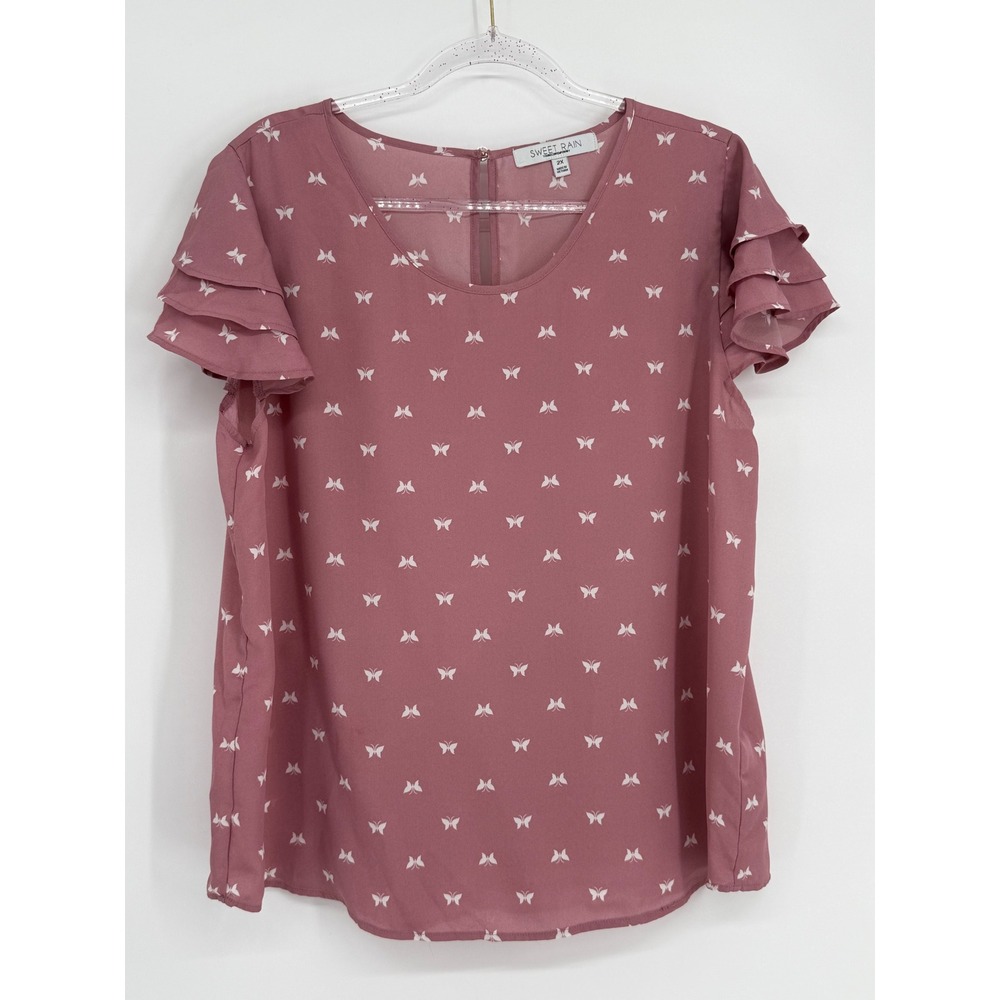 Sweet Rain Mauve Butterfly Print Tiered Ruffle Sleeve Top TP66992-RV Plus 2X